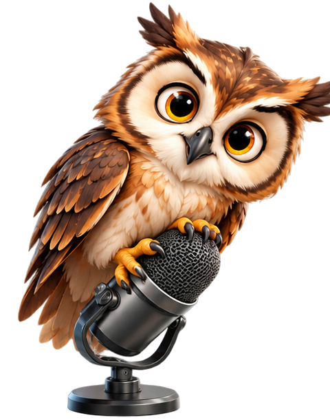Hoot, the friendly owl mascot, speaking into a microphone